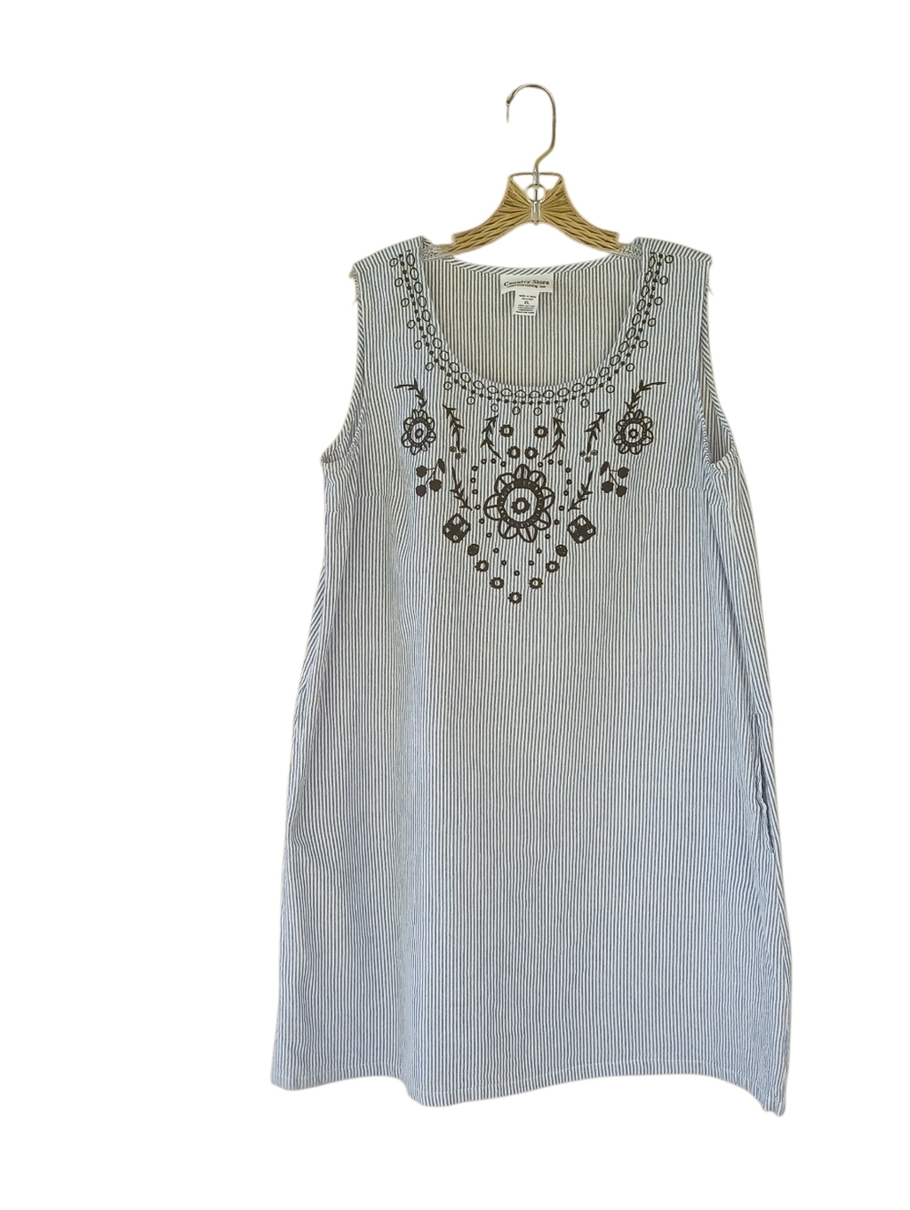 Country Store Blue Pinstripe Sleeveless Embroidered Cotton Midi Dress XL